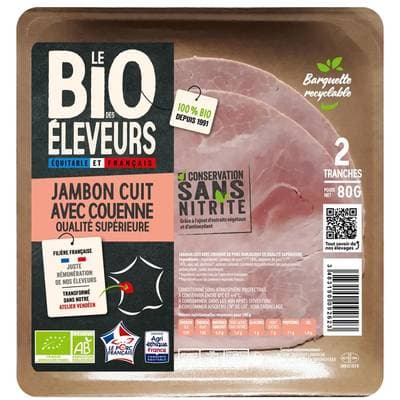Le Bio des éleveurs Jambon cuit supérieur avec couenne sans nitrite, 2 tranches - 80g