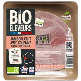Le Bio des éleveurs Jambon cuit supérieur avec couenne sans nitrite, 2 tranches - 80g