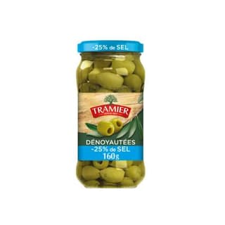 Tramier Olives vertes dénoyautées -25% de sel en moins en bocal, 160g
