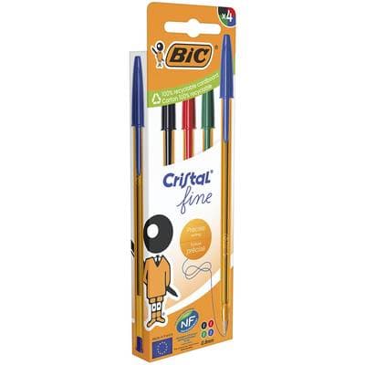 Bic Stylos bille cristal assortis pointe fine, 4 stylos couleurs assorties