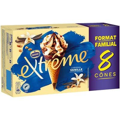Extrême Cônes glacés vanille pépites de nougatine, 8 cônes - 568g