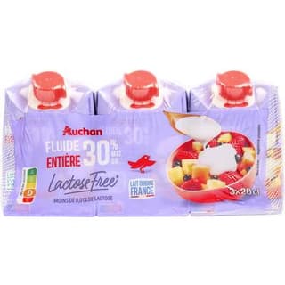 Auchan Crème fluide entière sans lactose 30%mg UHT, 3x20cl