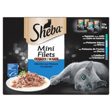 Sheba - Mini Filets Sachets en Sauce Sélection Poissons 4 Variétés pour chat, 12x85g
