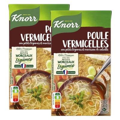 Knorr & La Potagère Soupe Poule Vermicelles aux petits légumes et morceaux de volaille, Lot de 2x1L