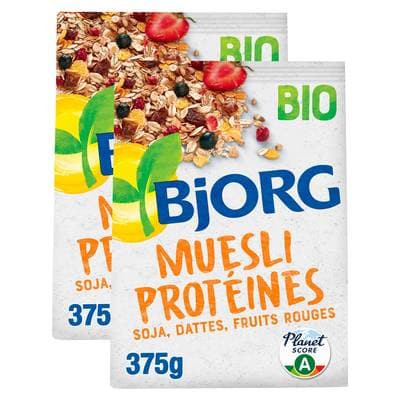 Bjorg Muesli protéines soja, dattes, fruits rouges bio, Lot de 2x375g