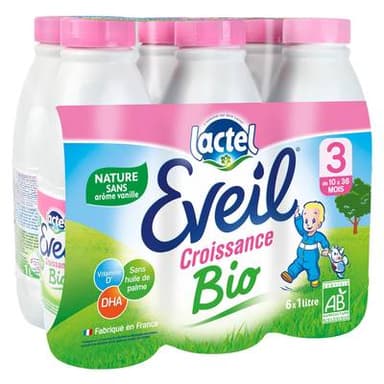 Lactel Eveil Lait de croissance Bio 3ème âge Liquide Bébé Dès 10 mois, 6x1L
