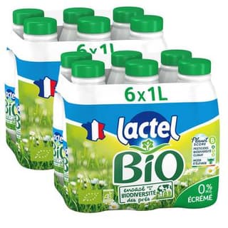 Lactel Lait Bio écrémé 0% mg, Lot de 2 - 6x1L