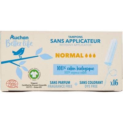 Auchan Better Life Tampons sans applicateur normal, 16 tampons