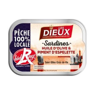 Les Dieux Sardines à l'Huile d'Olive et au Piment d'Espelette Label Rouge en conserve, 115g