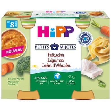 Hipp - Petits Mijotés Fettucine Légumes Colin Bio Pot Bébé Dès 8 mois, 2x190g