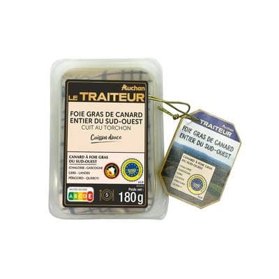 Auchan Le Traiteur Foie Gras Entier de Canard du Sud-Ouest Cuit au Torchon IGP, 4/6 Parts - 180g