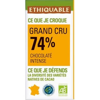 Ethiquable - Commerce Equitable Chocolat noir intense 74% cacao Bio Grand Cru, 100g