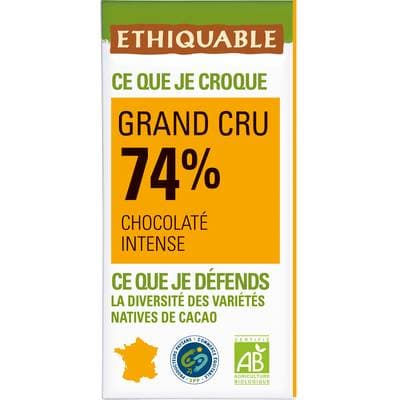 Ethiquable - Commerce Equitable Chocolat noir intense 74% cacao Bio Grand Cru, 100g