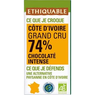Ethiquable - Commerce Equitable Chocolat noir intense 74% cacao Bio de Côte d'Ivoire, 100g