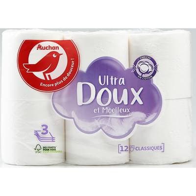 Auchan Papier toilette blanc ultra doux et moelleux 3 épaisseurs, 12 rouleaux papiers toilettes