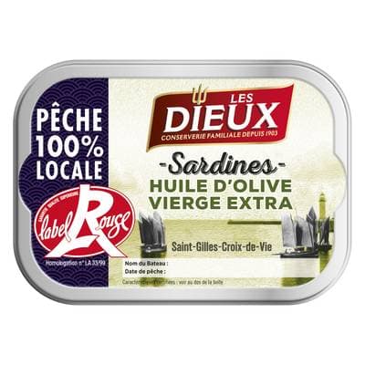 Les Dieux Sardines à l'Huile d'Olive Vierge Extra Label Rouge, 115g