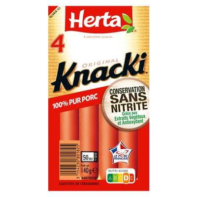 Herta Knacki Original 100 % Pur Porc Conservation Sans Nitrite, 4 saucisses - 140g