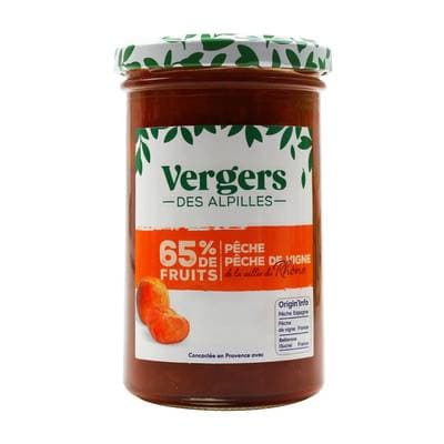 Vergers des Alpilles Préparation 65%de Fruit Pêche et Pêche de Vigne de la Vallée du Rhône, 300g