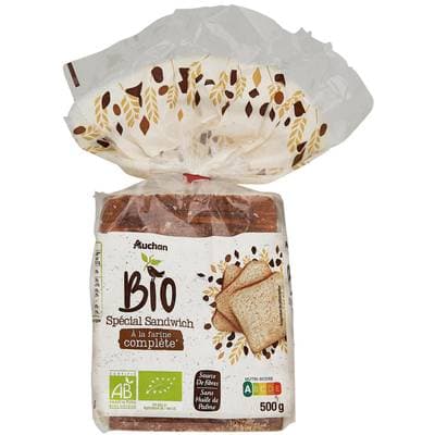 Auchan BIO Pain de Mie Complet Bio Sans Huile de Palme, 500g