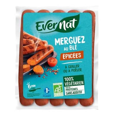 Evernat Merguez au blé épicées bio, 100% végétarien, 200g