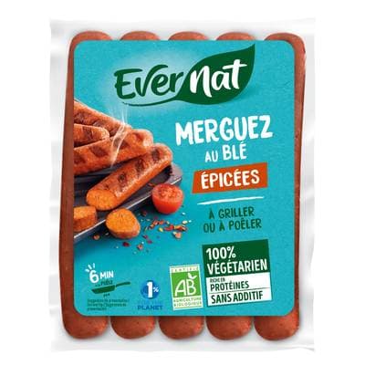 Evernat Merguez au blé épicées bio, 100% végétarien, 200g