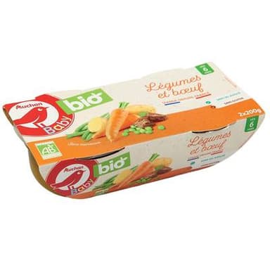 Auchan Baby Bio Légumes et boeuf Bio Bol Bébé dès 6 mois, 2x200g