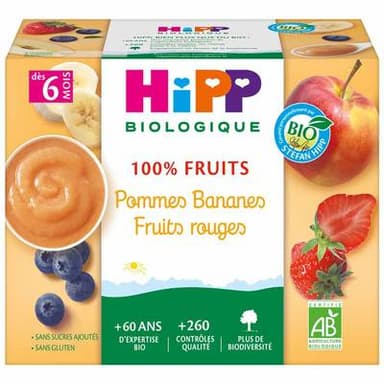 Hipp - 100% Fruits Pommes Bananes et Fruits Rouges Bio Coupelles Bébé Dès 6 mois, 4x100g