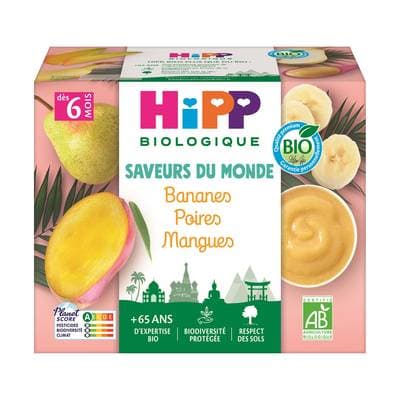 Hipp - Saveurs du Monde Banane Poire Mangue Bio Coupelle Bébé 6 mois, 4x100g