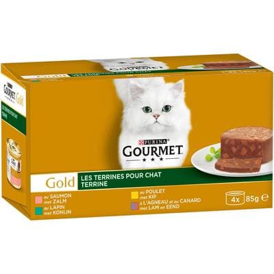 Purina - Gourmet Gold Boites Terrine Saumon, Poulet, Lapin, Agneau-Canard pour chat, 4x85g