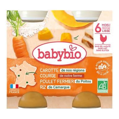 Babybio Carotte, Butternut, Poulet Fermier et Riz de Camargue Bio Pot Bébé Dès 6 mois, 2x200g