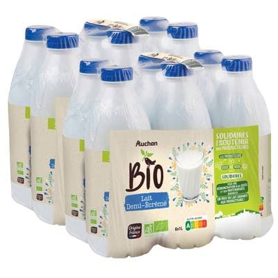 Auchan BIO Lait demi-écrémé bio stérilisé UHT, Lot de 2 - 6x1L