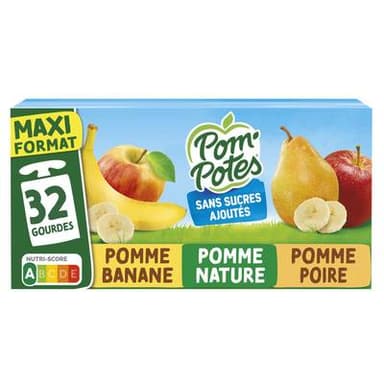 Pom Potes Compote Gourdes Pomme Banane Poire Sans Sucre Ajouté, 32x90g