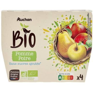 Auchan BIO Coupelles de purée de pomme poire sans sucres ajoutés bio, 4x100g