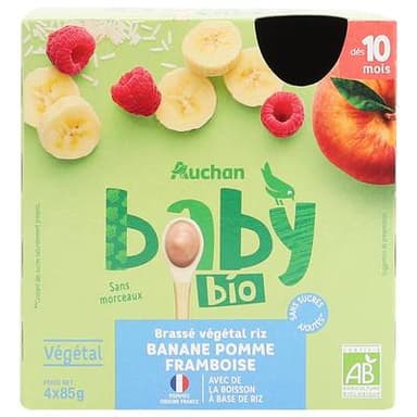 Auchan Baby Bio Brassé Végétal Riz Banane Pomme Framboise Bio Gourde Bébé dès 10 mois, 4x85g