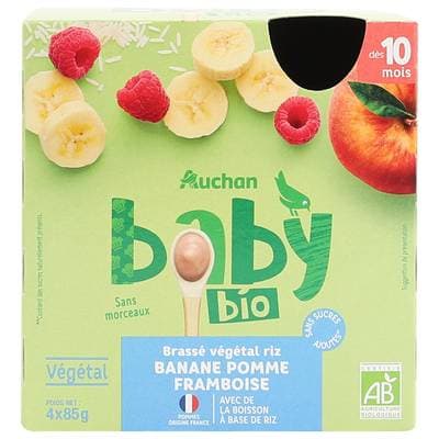 Auchan Baby Bio Brassé Végétal Riz Banane Pomme Framboise Bio Gourde Bébé dès 10 mois, 4x85g