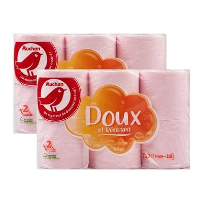 Auchan Papier toilette rose maxi doux et résistant 2 épaisseurs, Lot de 2x12 rouleaux