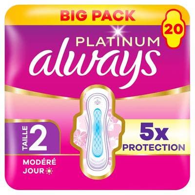 Always Serviettes Hygiéniques Avec Ailettes Flux Modéré Taille 2, 20 serviettes