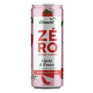 Vitamont Zéro - Boisson gazeuse Litchi Fraise bio sans sucres ajoutés, 25cl