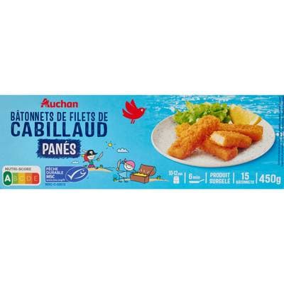 Auchan Bâtonnets de cabillaud panés, 450g
