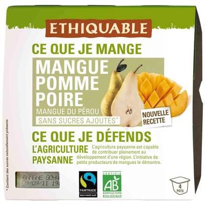 Ethiquable - Commerce Equitable Purée mangue pomme poire Bio du Pérou, 4x100g