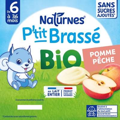 Naturnes® - P'tit Brassé Dessert Lacté Pomme Pêche Bio Coupelle Bébé Dès 6 mois, 4x90g