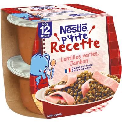 Nestlé - P'tite Recette Lentilles Vertes Jambon Bol Bébé Dès 12 mois, 2x200g