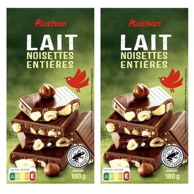 Auchan Tablette de chocolat au lait aux noisettes entières, Lot de 2x180g