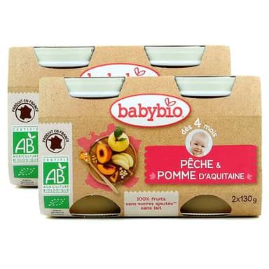 Babybio Pêche Pomme d'Aquitaine bio Pot Bébé dès 4 mois, Lot de 2 - 2x130g