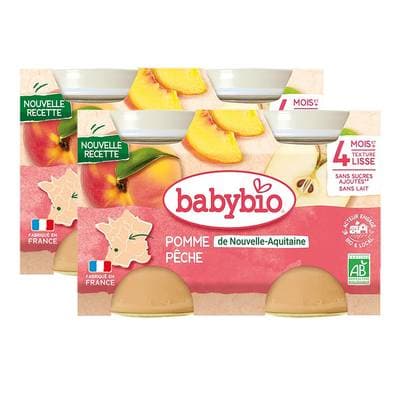 Babybio Pêche Pomme d'Aquitaine bio Pot Bébé dès 4 mois, Lot de 2 - 2x130g