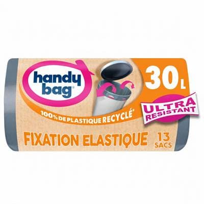 Handy Bag Sac Poubelle Ultra Résistant Fixation Elastique 30L, 13 sacs poubelles