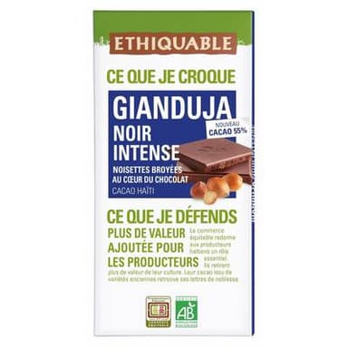 Ethiquable - Commerce Equitable Chocolat Gianduja Noir Intense 55% de cacao Bio d'Haïti, 100g
