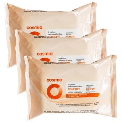 COSMIA Lingettes démaquillantes douceur, Lot de 3x25 lingettes
