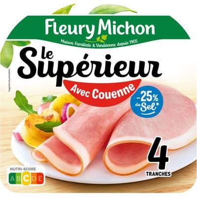 Fleury Michon Jambon Supérieure avec Couenne Taux de Sel Réduit, 4 tranches - 160g