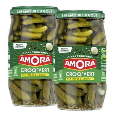 Amora Cornichons fins Croq'Vert épices et aromates, Lot de 2x540g